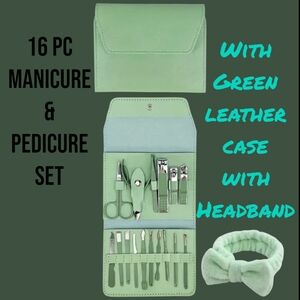 16-Piece Manicure & Pedicure Set with Green Leather Case Snd Headband